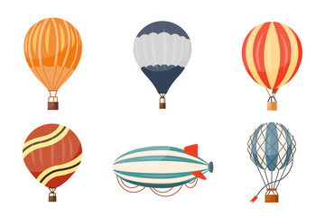 Fototapeta premium Hot air balloon and airship vector icons set. Summer ballooning adventure cartoon hotair travel.