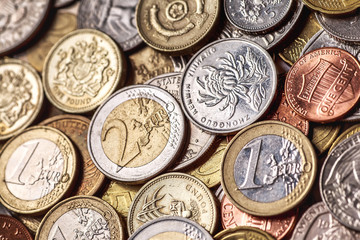 Background of Euro coins money.United kingdom Pound coin.US coins.Group of coins