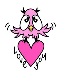 Little pink owl with big eyes holding a heart and flying, cute cartoon bird character. Valentine's day card. Romantic banner. Fantastic forest animal. Magic creature.