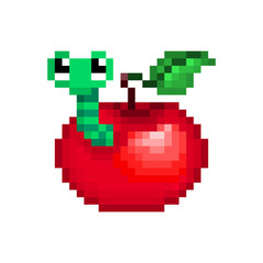 Red apple with green worm inside, pixel art illustration isolated on white background. Cute 8 bit cartoon fruit logo. Retro vintage 80s; 90s slot machine/video game graphics. Harvest pest.