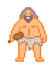 Fototapeta premium Big bearded hairy caveman with a bat, pixel art character isolated on white background. Fierce ancient man hunting. Retro vintage 80s; 90s slot machine/video game graphics.