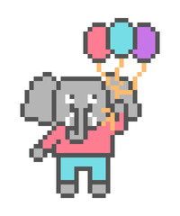 Fototapeta premium Elephant flying with 3 balloons, pixel art character isolated on white background. Animal friend with a birthday gift. Cute 8 bit cartoon logo.Retro vintage 80s; 90s slot machine/video game graphics.