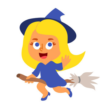 Little witch in a blue dress and a hat flying on a broom to the sabbath and waving her hand, cartoon character isolated on white. Halloween party girl costume. Magic Walpurgis Night female personage.