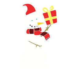 flat color illustration of a cartoon snowman holding present