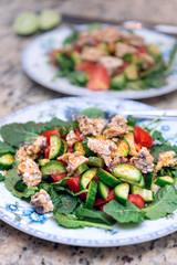 Two plates with baby kale green healthy salad with cucumbers, grape tomatoes, tempeh, chili seasoning and salt sprinkled on granite kitchen countertop
