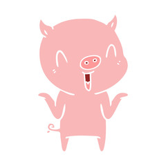 happy flat color style cartoon pig