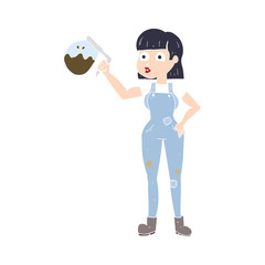 flat color illustration of a cartoon woman in dungarees with coffee