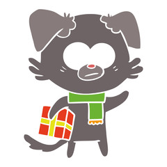 nervous dog flat color style cartoon with gift