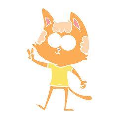 happy flat color style cartoon cat giving peace sign