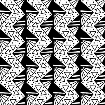 elegant black and white geometric repeating pattern of triangles, dots and zigzag lines with ragged edges and unique design for modern and futuristic surface designs. pattern swatch at eps. file