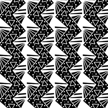 elegant black and white geometric repeating pattern of triangles, dots and zigzag lines with ragged edges and unique design for modern and futuristic surface designs. pattern swatch at eps. file