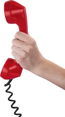 Female hand with red phone isolated on white background
