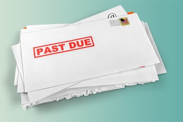 Pile of envelopes with overdue utility bills - obrazy, fototapety, plakaty