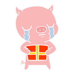 flat color style cartoon pig crying over christmas present