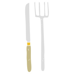 flat color illustration of a cartoon knife and fork