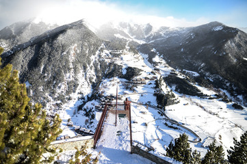 Mirador del Roc del Quer in winter with snow, Andorra - obrazy, fototapety, plakaty