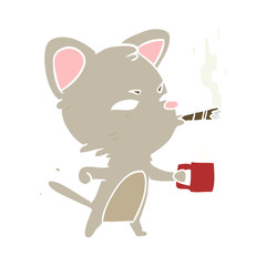 flat color style cartoon serious business cat with coffee and cigar
