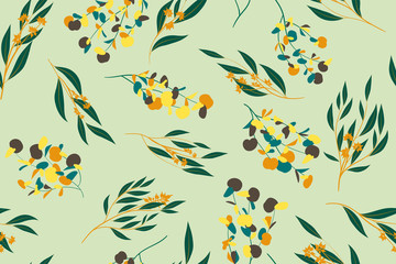 Fototapeta na wymiar Bright Floral Seamless Pattern. Vector Eucalyptus Leaves and Beautiful Blossom Elements. Colorful Botanical Summer Background. Floral Seamless Pattern for Wedding Design, Print, Textile, Fabric, Paper