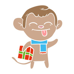 funny flat color style cartoon monkey with christmas present