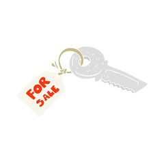 flat color illustration of a cartoon house key with for sale tag