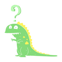 flat color illustration of a cartoon confused dinosaur