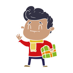 happy flat color style cartoon man with gift