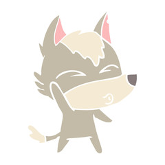 flat color style cartoon waving wolf whistling