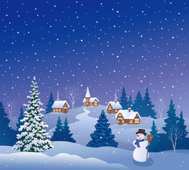 Snowy Christmas eve village and snowman