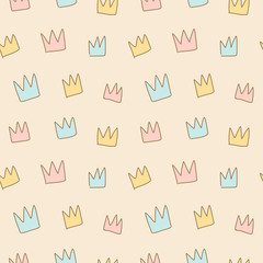 Seamless pattern of hand drawn crowns in blue, pink, yellow. Vector illustration