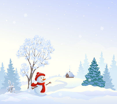 Snowy wonderland and greeting snowman