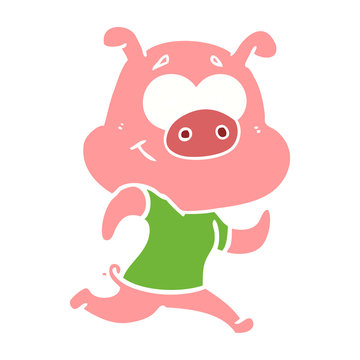 happy flat color style cartoon pig running