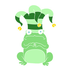 flat color illustration of a cartoon frog wearing jester hat