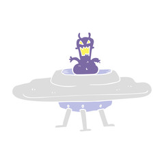 flat color illustration of a cartoon alien in flying saucer