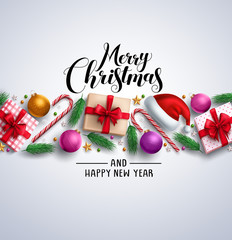 Christmas card vector banner with merry christmas greeting text, colorful elements and ornaments like gifts in white background. Vector illustration.
