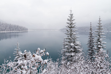 View Across Beautiful Mountain Lake in Winter