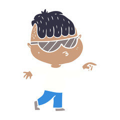 flat color style cartoon boy wearing sunglasses pointing