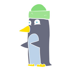 flat color illustration of a cartoon penguin wearing hat
