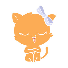 flat color style cartoon cat with bow on head