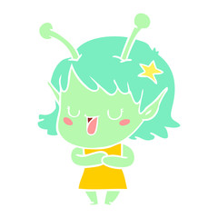 happy alien girl flat color style cartoon