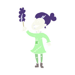 flat color illustration of a cartoon undead monster lady cleaning