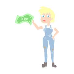 flat color illustration of a cartoon confident farmer woman with money