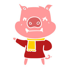angry flat color style cartoon pig in winter clothes
