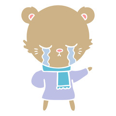 crying flat color style cartoon bear wearing winter clothes