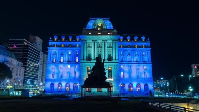 Night hyperlapse time lapse of the historic Correo Central building in Buenos Aires, Argentina