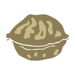 flat color illustration of a cartoon walnut in shell