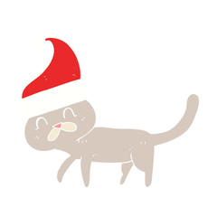 flat color illustration of a cartoon cat wearing christmas hat