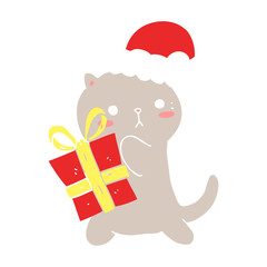 cute flat color style cartoon cat carrying christmas present