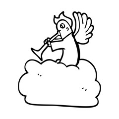 line drawing cartoon angel on cloud with trumpet