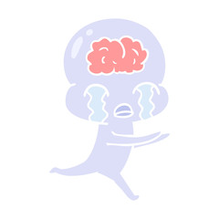 flat color style cartoon big brain alien crying