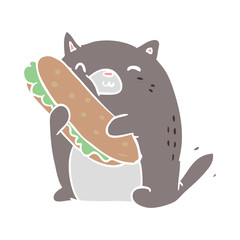 flat color style cartoon cat loving the amazing sandwich he's just made for lunch